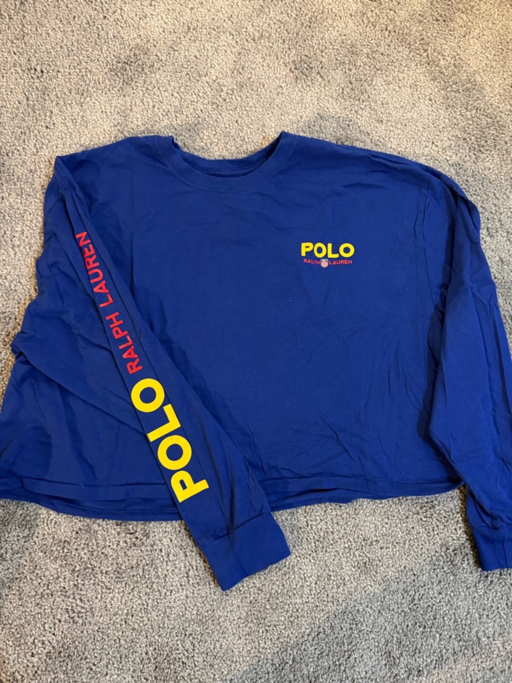 Polo by Ralph Lauren Royal Blue Crewneck Tee with Gold Logo Cropped Shirt